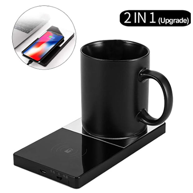 2 In 1 Heating Mug Cup Warmer Electric Wireless Charger For Home Office Coffee Milk - Golden Greatness